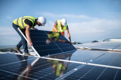 Team Of Two Engineers Installing Solar Panels On Roof.